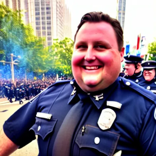 Image similar to chubby cop takes a smiling selfie in front of a riot, high detail, full focus, time magazine 2 0 2 2