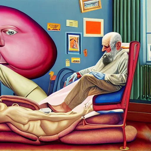 Prompt: kenny scharf painting of sigmund freud with a patient in his office, the patient is lying on a divan, beautiful, 8 k