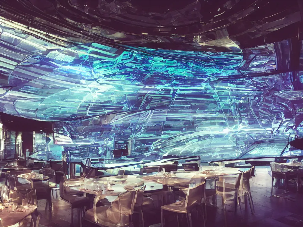 Prompt: visor with curved translucent screens projecting detailed sci - fi art ( 2 0 4 2 ), pixel perfect photograph, high contrast, volumetric lighting, thin glowing lights, restaurant, chairs, users, pair of keys