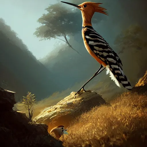 Image similar to hoopoe with big open crest in avila pinewood, 4 k, concept art, by wlop, ilya kuvshinov, artgerm, krenz cushart, greg rutkowski, pixiv. cinematic dramatic atmosphere, sharp focus, volumetric lighting, cinematic lighting, studio quality