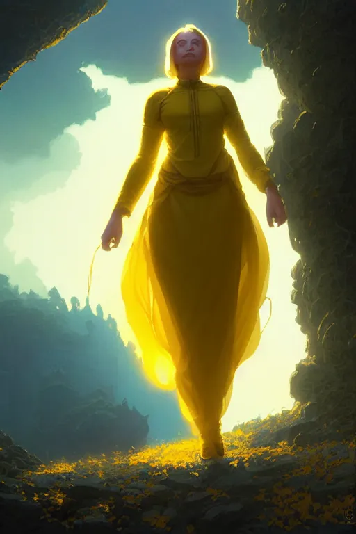 Image similar to invisible woman wearing a tunic made of yellow paper, stephen bliss, unreal engine, fantasy art by greg rutkowski, rhads, ferdinand knab, makoto shinkai and lois van baarle, ilya kuvshinov, rossdraws, tom bagshaw, global illumination, radiant light