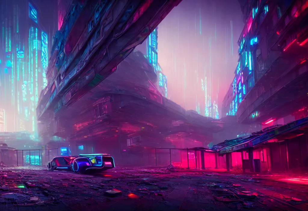 Image similar to A highly detailed crisp unreal engine render of A beautiful futuristic cyberpunk cybertech abandoned building with neon like plants, perfect well made rainbow on the sky, sunlight breaking through clouds, debris on the ground, abandoned machines by wangchen-cg, 王琛,Neil blevins, artstation