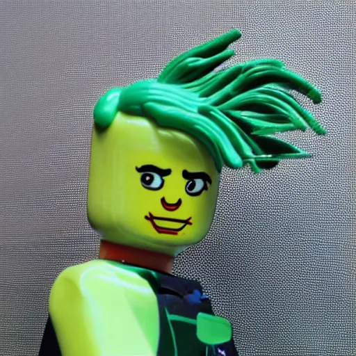 Prompt: lego sculpture of a woman astronaut with green streaks in her hair, thoughtful, elegant, real