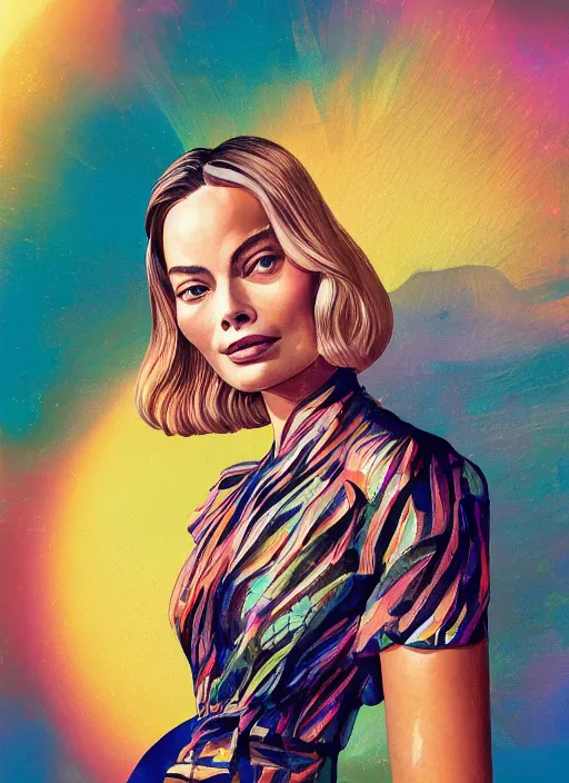 Prompt: Liang Huatao detailed Illustration of beautiful Margot Robbie in a Solarpunk blouse, accurate anatomy, abstract sun in background, shiny soft skin, soft lighting, sharp details, warm colors, studio portrait, 35 mm film, subsurface scattering, lens flare