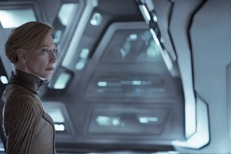 Image similar to cate blanchett on the bridge of a starship, cyberpunk, movie still