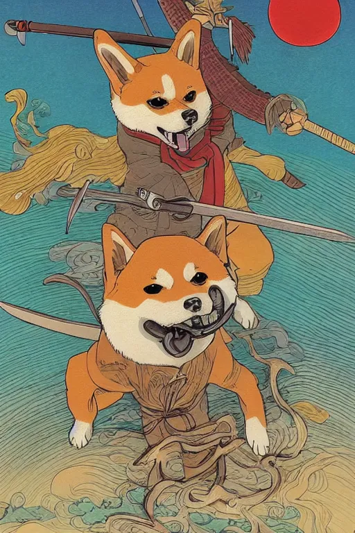 Prompt: a highly detailed portait of a shiba inu fighting a japanese folklore god with a sword in its mouth, in the style of studio ghibli, studio ghibli palette, 8 k