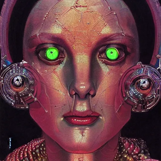 Prompt: baroque neoclassicist close - up renaissance portrait of a primitive art deco android priestess, glowing eyes. reflective detailed textures, highly detailed fantasy science fiction painting by norman rockwell and saturno butto and syd mead and jean delville. elaborate geometric ornament, rich colors. artstation