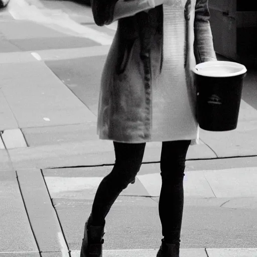 Image similar to a long shot paparazzi photographic of daenerys targaryen walking downtown vancouver, british columbia drinking starbucks, mid day lighting, candid street photography
