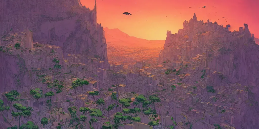 Image similar to an african city in a valley bordered by a fortress on the mountain side with three towers, multicolored spirits flying in the skies, comics art, cinematic volume lighting, 4k, illustration, epic scene, trending on artstation, art by ghibli moebius