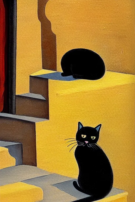 Image similar to a beautiful painting of a cat, sitting on the outside stairs of an house in a characteristic village in the south of Italy, Botero style, postcard, vintage