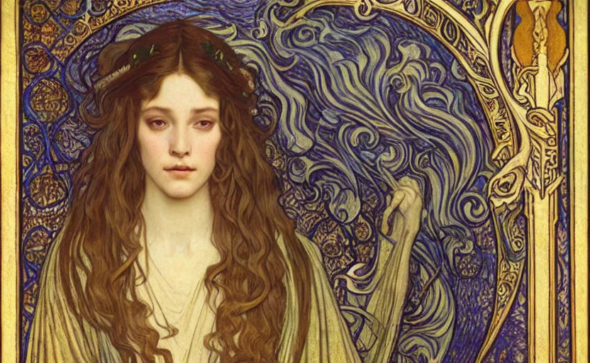 Image similar to detailed realistic beautiful young medieval queen face portrait by jean delville, alphonse mucha, vincent van gogh, and marco mazzoni, art nouveau, symbolist, visionary, gothic, pre - raphaelite