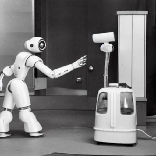 Image similar to fifties robot helps clean the house, domestic android, googie aesthetics