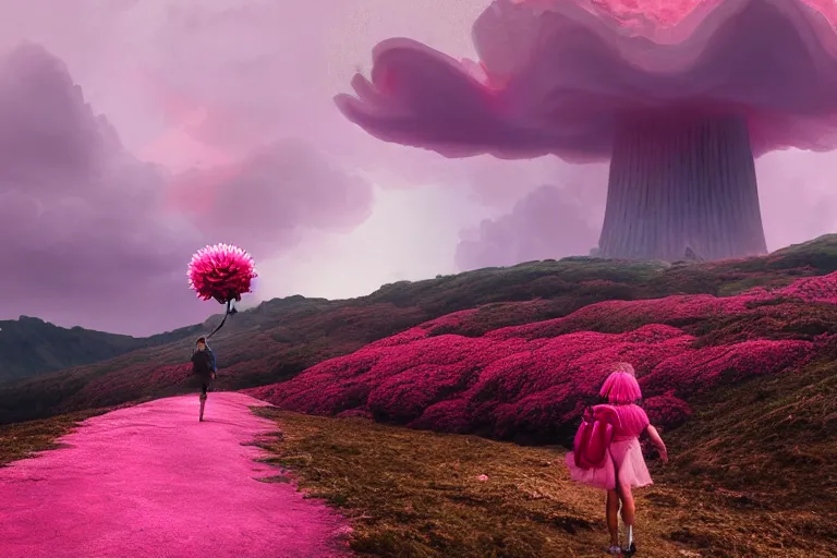 Image similar to giant dahlia flower head, girl walking on mountain, surreal photography, pink storm clouds, dramatic light, impressionist painting, digital painting, artstation, simon stalenhag