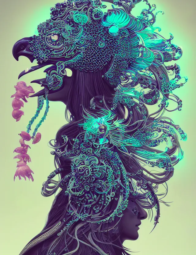 Image similar to 3 d goddess close - up profile solarpunk portrait ram skull. beautiful intricately detailed japanese crow kitsune mask and clasical japanese kimono. betta fish, jellyfish phoenix, bio luminescent, plasma, ice, water, wind, creature, artwork by tooth wu and wlop and beeple and greg rutkowski