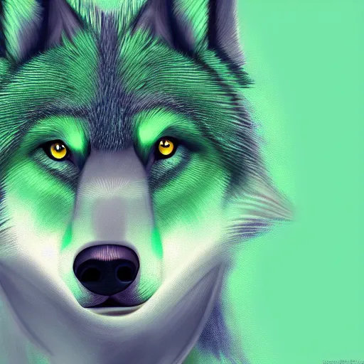 Image similar to Beautiful portrait digital painting of an anthro anthropomorphic green wolf. minimalist background