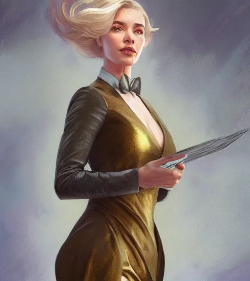 Image similar to elle brooke wearing a golden dress, grey hair, red necktie, cinematic, stunning, highly detailed, digital painting, artstation, smooth, hard focus, full body shot, illustration, art by artgerm and greg rutkowski and alphonse mucha