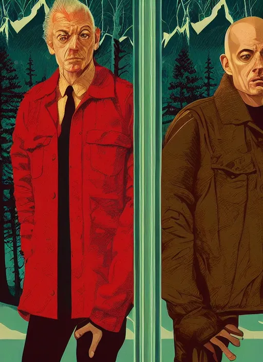 Image similar to Twin Peaks poster artwork by Michael Whelan, by Bob Larkin and Tomer Hanuka, Karol Bak of portrait of Joe Rogan in red flannel, from scene from Twin Peaks, clean, simple illustration, nostalgic, domestic