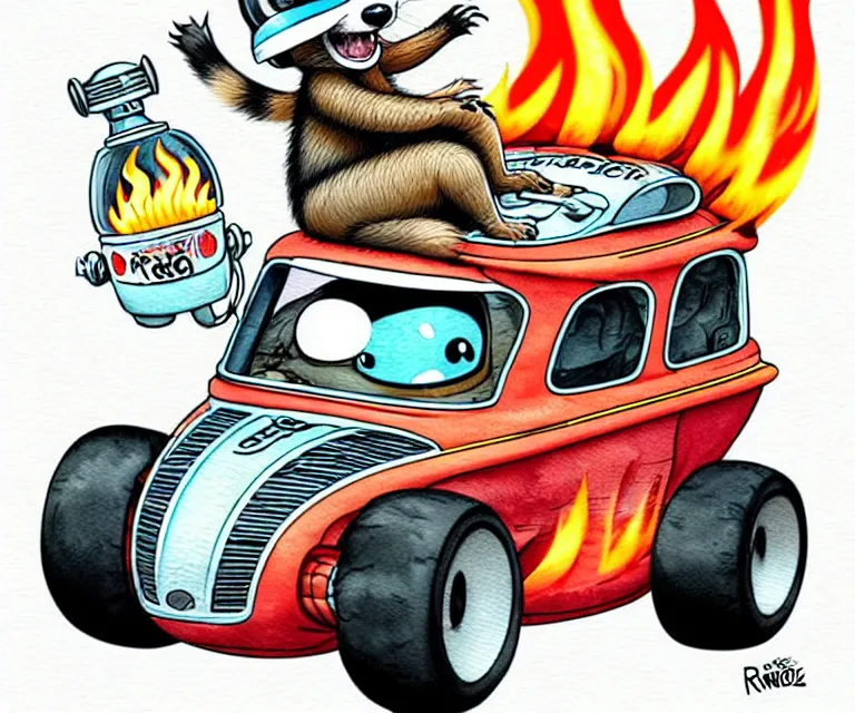 Image similar to cute and funny, racoon wearing a [ helmet with flame stickers ] riding in a tiny hot rod coupe with oversized engine, ratfink style by ed roth, centered award winning watercolor pen illustration, isometric illustration by chihiro iwasaki, edited by range murata