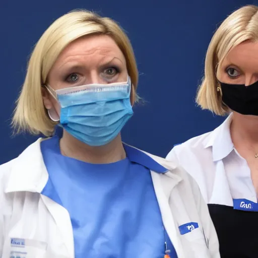 Image similar to an nhs surgeon looks scared of a liz truss demon