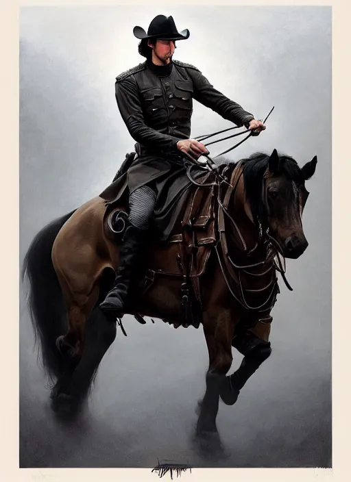 Prompt: painting of adam driver riding on horses with john oliver, stoic, full body, military uniform, fantasy, intricate, elegant, beautiful, highly detailed, charcoal, centered, dark, smokey, digital painting, artstation, concept art, smooth, sharp focus, illustration, art by artgerm and greg rutkowski and alphonse mucha