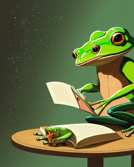 Image similar to anthropomorphic art of an elegant green frog, dressed as dendy, at the mushroom table, reading a book, by artgerm, victo ngai, ryohei hase, artstation, highly detailed digital painting, smooth, global illumination, fantasy art by greg rutkowsky, karl spitzweg, leyendecker