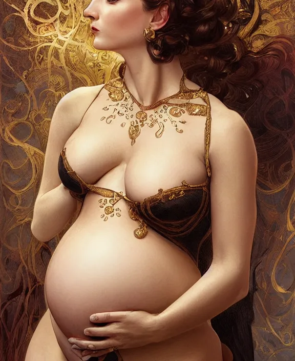 Image similar to a highly detailed portrait of a pregnant woman, intricate silk set, honey birdette, deep focus, d & d, fantasy, intricate, elegant, highly detailed, digital painting, artstation, concept art, matte, sharp focus, illustration, hearthstone, photography of charline von heyl, art by artgerm and greg rutkowski and alphonse mucha