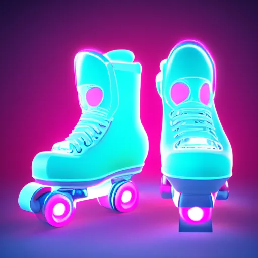 Image similar to white retro! roller skates with cyan wheels on a pedstal, octane render, 3 d model, pink lightning, neon!! light, blender