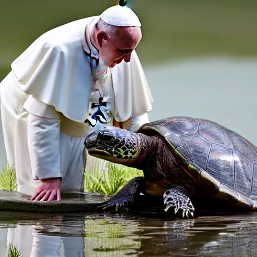 Image similar to cute photo of Pope Francis blessing pond turtle, HD photography, Canon eos r3, 8k resolution, red ear slider