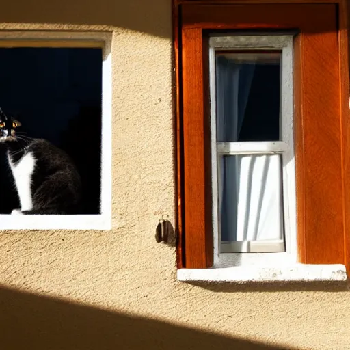 Image similar to black cat and tabby cat in a sunlit window