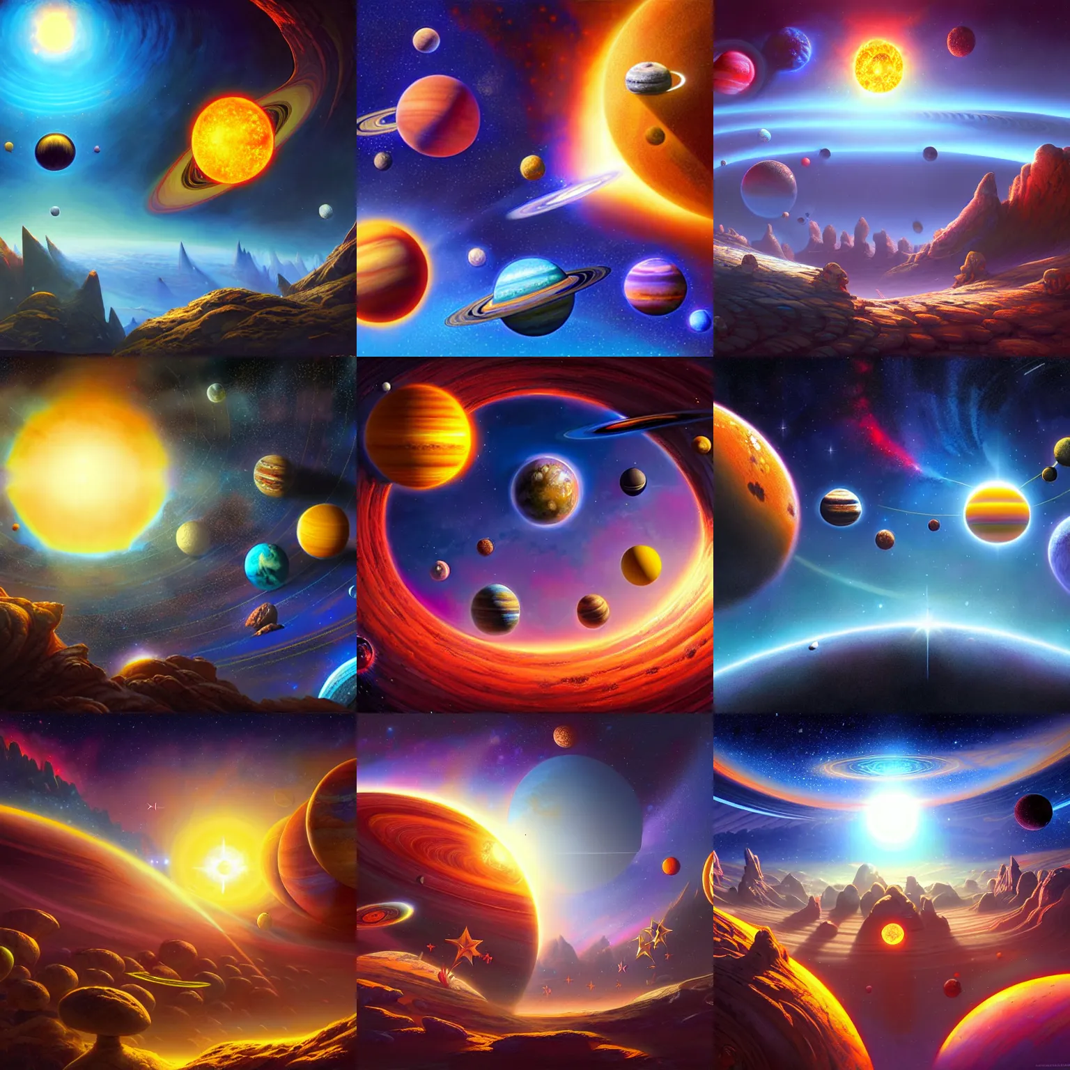 Prompt: 3 stars solar system, matte painting, sharp focus, vibrant colors, high contrast, illustration, art by justin gerard