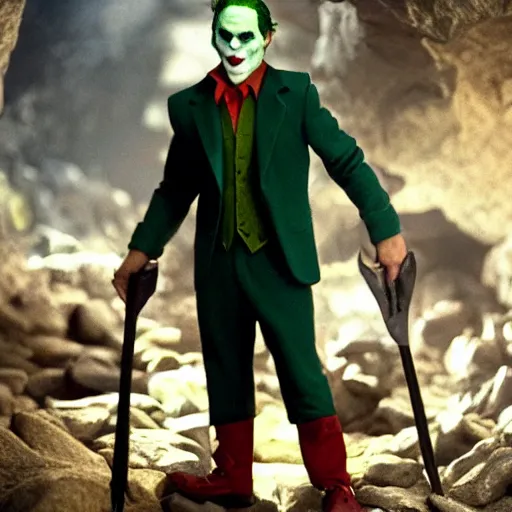 Prompt: cinematic shot of the joker wearing a miner helmet and holding a pickaxe in a cave full of shiny bright minerals, 8 k, very detailed, very intricate,