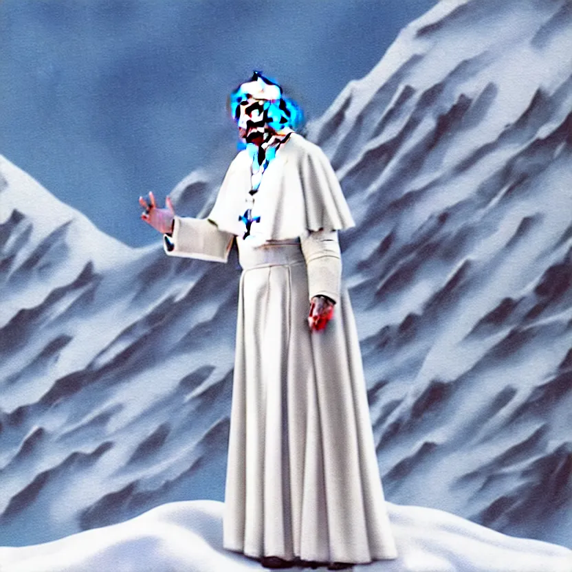 Image similar to pope benedict standing on a snowy mountain slope. skiing. wearing long white dress. blessing with the hand. detailed cloth, detailed face. concept art. matte painting