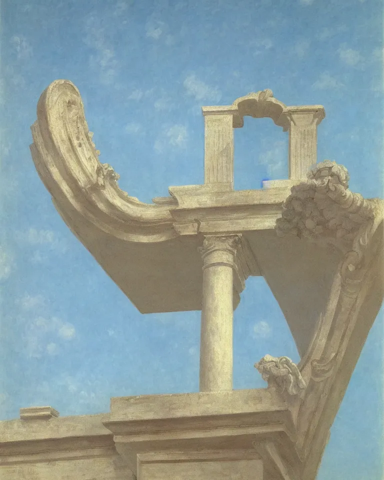 Image similar to achingly beautiful painting of a roman pediment on baby blue background by rene magritte, monet, and turner. piranesi.