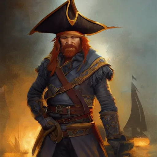 Prompt: handsome charming ginger rogue with large pointed ears, wearing a tricorne pirate captain hat, naval background, portrait, stunning award-winning art by Greg Rutkowski