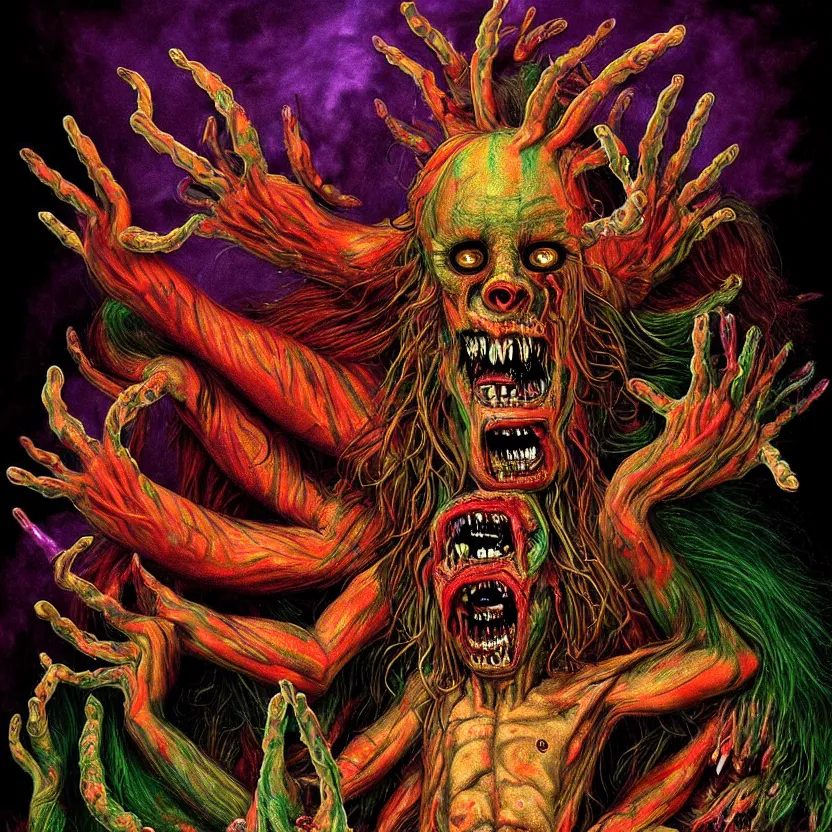 Prompt: a beautiful, colorful, flesh - eating, whimsical demon with rainbow fur, seven arms, seven legs, three heads, eating a screaming priest, standing on a pile of corpses, by alexandro judorowski and david cronenberg, fear, morbid, nightmare, supernatural, 8 k, digital art, highly detailed, chiaroscuro, creepy, terrifying