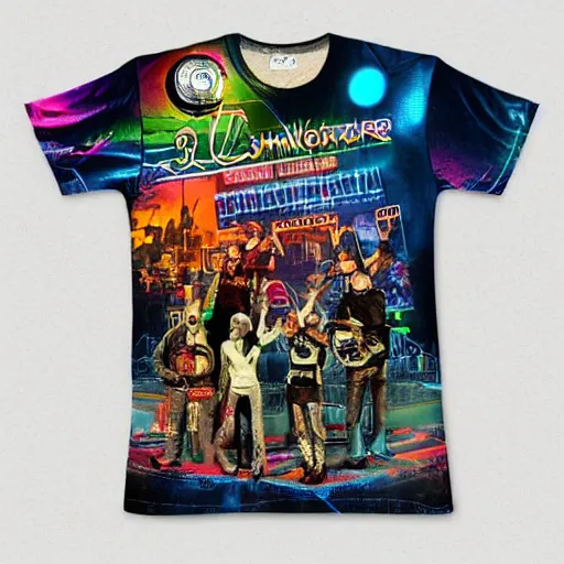 Prompt: merchandise tshirt art of a fictive rockband with 3 dieselpunk robots playing guitar, 8 k, flourescent colors, halluzinogenic, multicolored, exaggerated detailed, front shot, 3 d render, octane