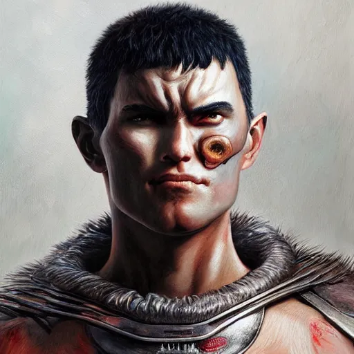 Prompt: oil painting portrait of guts from berserk extremely detailed, made by wlop and maxwell boas