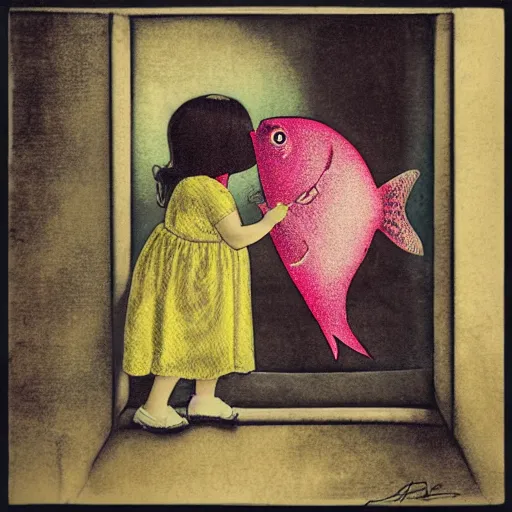 Image similar to the same style. the most beautiful little fat sweet girl is kissing a huge colorful cute fish. modern etching. colored print. hype realistic scene. old photography style. studio lighting. window. 3 d, octane render, deep focus