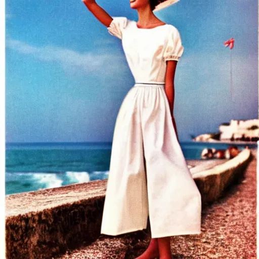 Prompt: 1 9 7 6 italia vogue magazine photo of a dress with cotton set, christian dior style, mediterranean beach background