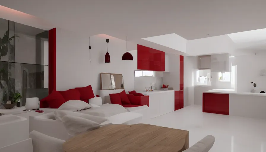 Prompt: interior photo of a ceramic tile house, octane render, minimalism, white and red colour palette