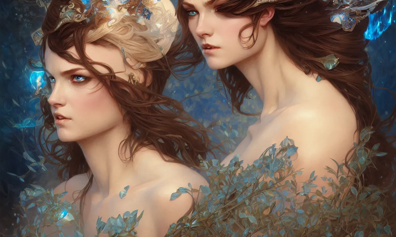 Image similar to Portrait of fairy woman, D&D, blue eyes, face, fantasy, intricate, elegant, highly detailed, digital painting, artstation, concept art, smooth, sharp focus, illustration, art by artgerm and greg rutkowski and alphonse mucha