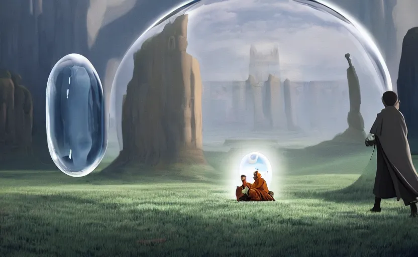 Image similar to a scary hyperrealist painting of a monk in a giant transparent bubble from howl's moving castle ( 2 0 0 4 ) in a flooded monument valley stonehenge jungle. depth perception, 4 k, artstation, in the style of studio ghibli