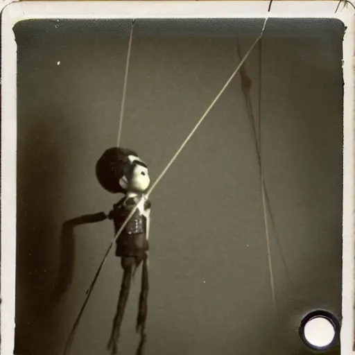 Prompt: 1 9 5 0 s, creepy marionette puppet jumping towards viewer, horror, lost photograph, forgotten, polaroid,