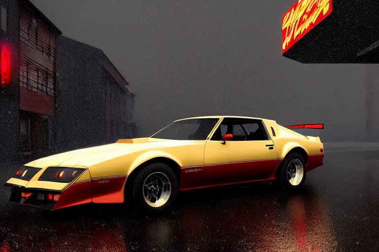 Prompt: hyperdetailed, photorealistic photograph of a 1 9 8 2 pontiac firebird trans - am drifting in the streets, rain, night, dense fog, hd, unreal engine 5 by greg rutowski, by stanley artgerm, by alphonse mucha