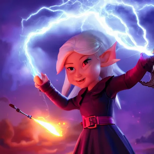 Prompt: A beautiful female gnome wizard casting a lightning spell at a monstrous black dragon::cinematic::dramatic::kinetic::photo realistic::wide angle::high detail