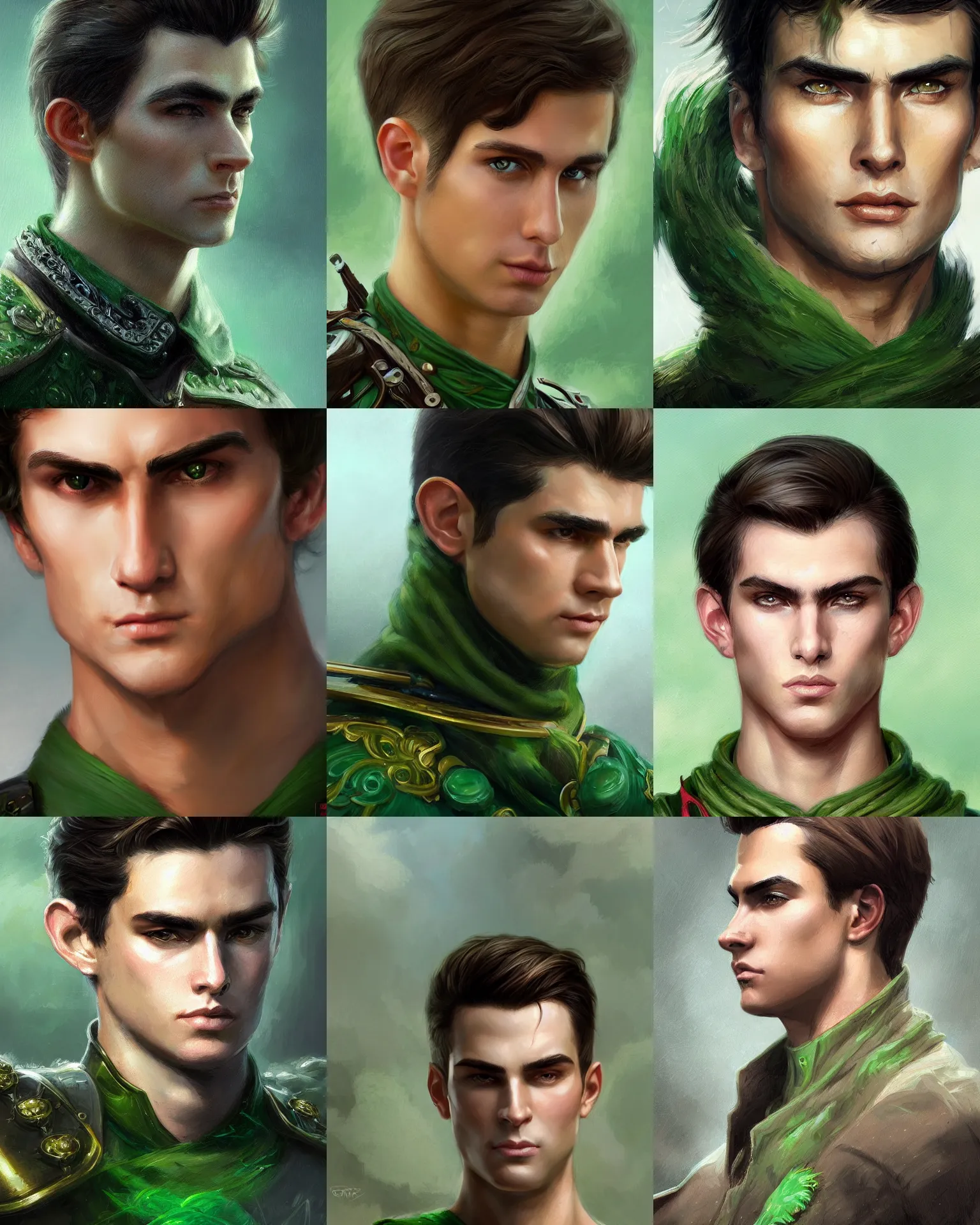 Prompt: closeup fantasy portrait of a clean shaven determined young man with swept back dark brown hair and green eyes, preparing for battle, fantasy, intricate, elegant, highly detailed, digital painting, artstation, concept art, smooth, sharp focus, illustration, art by artgerm and greg rutkowski