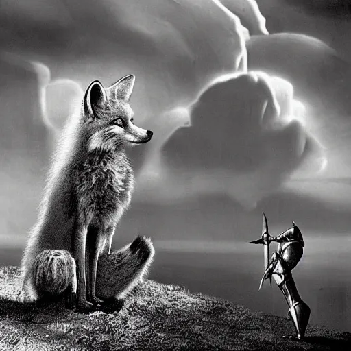 Image similar to anthropomorphic fox!! who is a medieval knight holding a sword towards a stormy thundercloud [ 1 9 3 0 s film still ], castle,, in the background