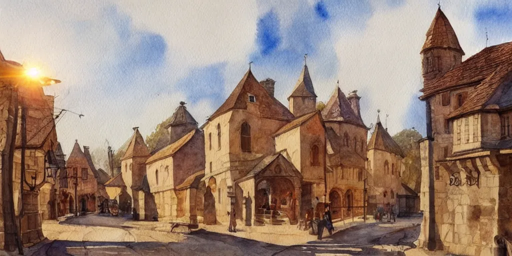 Prompt: medieval town, summer morning light, masterpiece watercolor painting, trending on artstation, highlight of the british museum collection