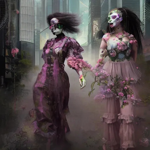 Prompt: 8k, octane render, cyberpunk painting, realism, tonalism, renaissance, rococo, baroque, group of creepy young ladies wearing long harajuku manga dress with flowers and skulls, background chaotic flowers