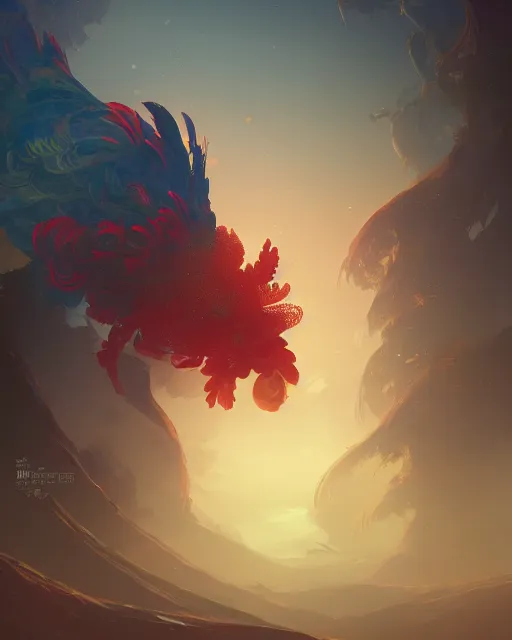 Image similar to humongous mysterious legendary rooster, frog view camera, beautiful illustration, mist, abstract, scifi, atmosphere, top lighting, focused, artstation, highly detailed, art by yuhong ding and chengwei pan and serafleur and ina wong